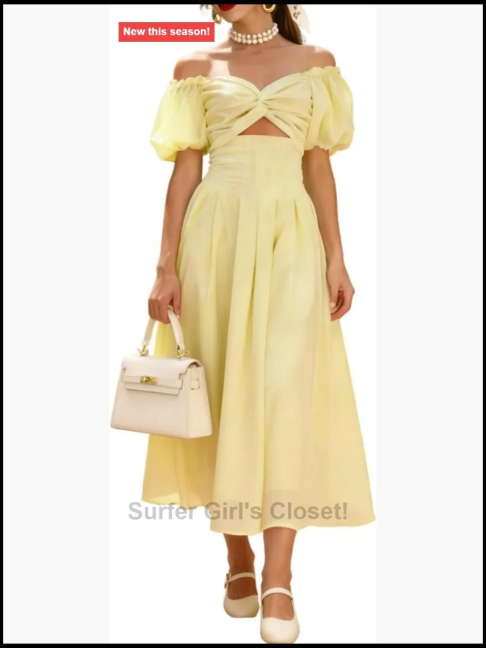 Off Shoulder Puff Sleeve Maxi Dress Cut Out Twist Front A-Line with Pockets