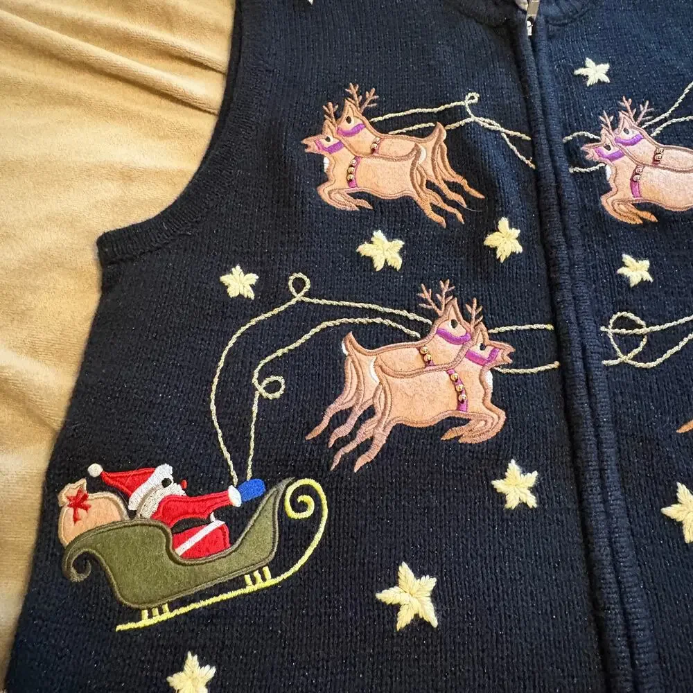 The Quacker Factory Black Embroidered Santa Christmas Reindeer Vest Ugly M
