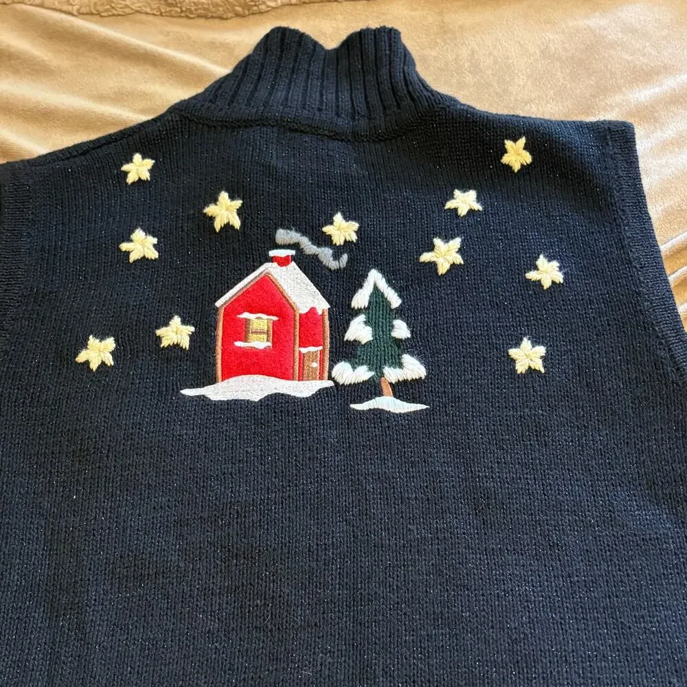 The Quacker Factory Black Embroidered Santa Christmas Reindeer Vest Ugly M