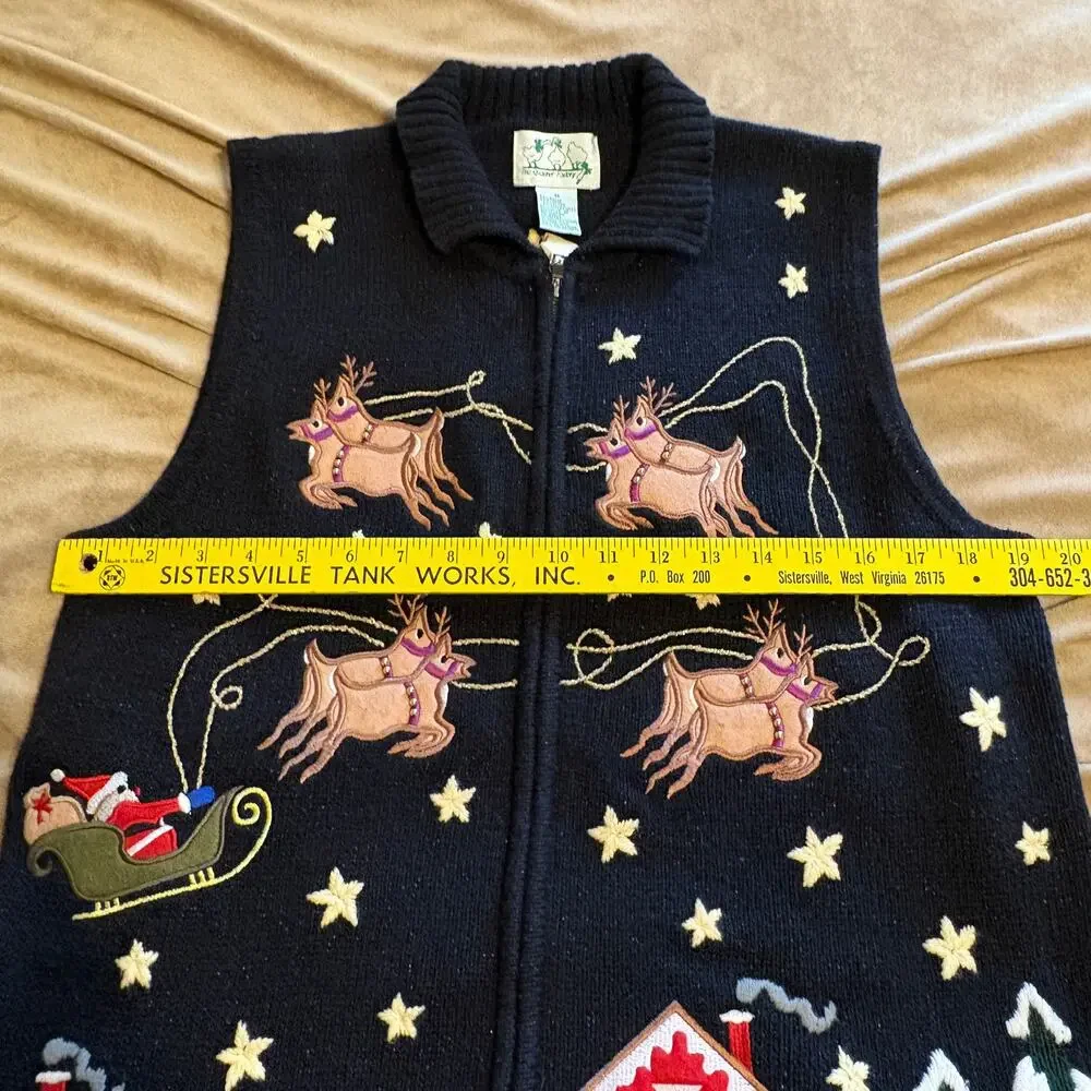 The Quacker Factory Black Embroidered Santa Christmas Reindeer Vest Ugly M