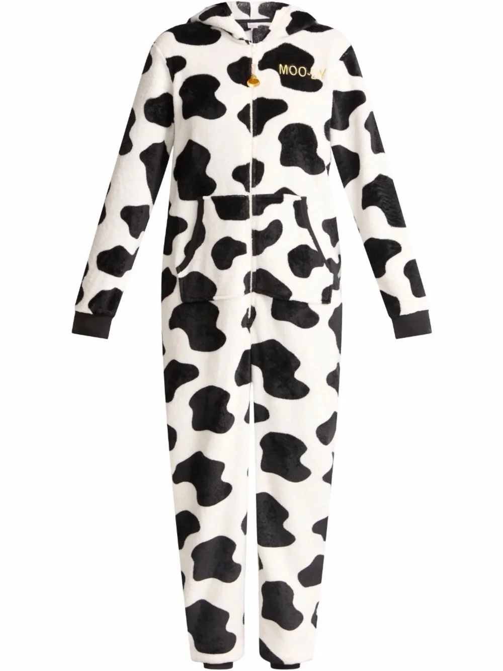 Holiday Time Cow-Print Plush Hooded Jumpsuit - Black & White