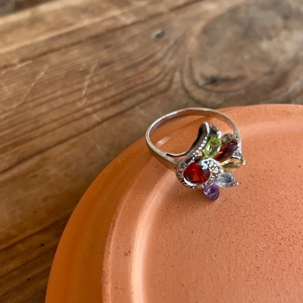 Vintage 925 Sterling Silver Multicolor Gemstone Ring