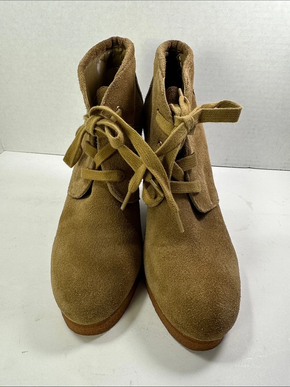 Tesori Suede Lace-Up Wedge Ankle Boots in Tan Brown Size 7