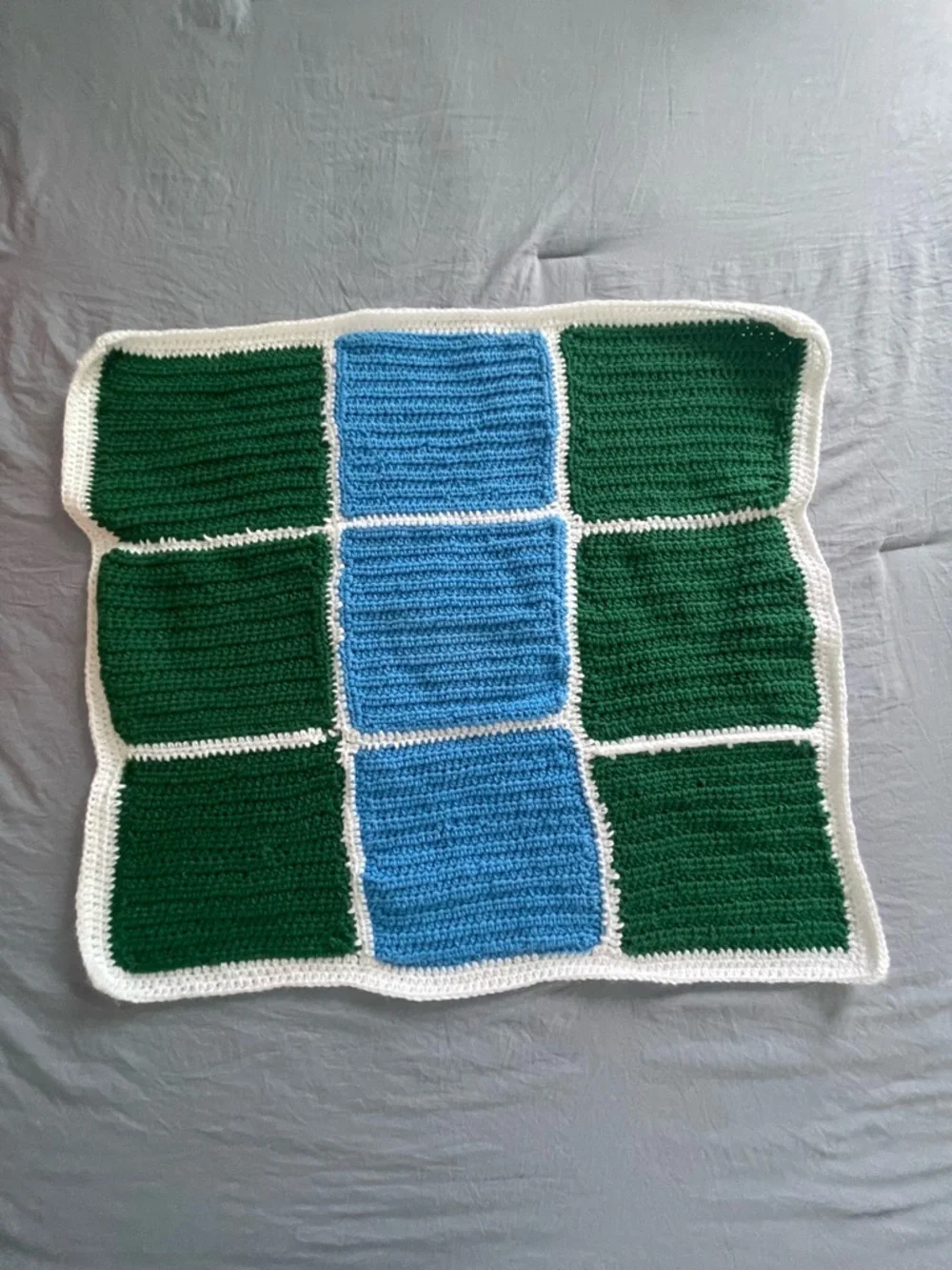 Handmade Crochet Blanket Square -‎ Green & Blue with White Trim