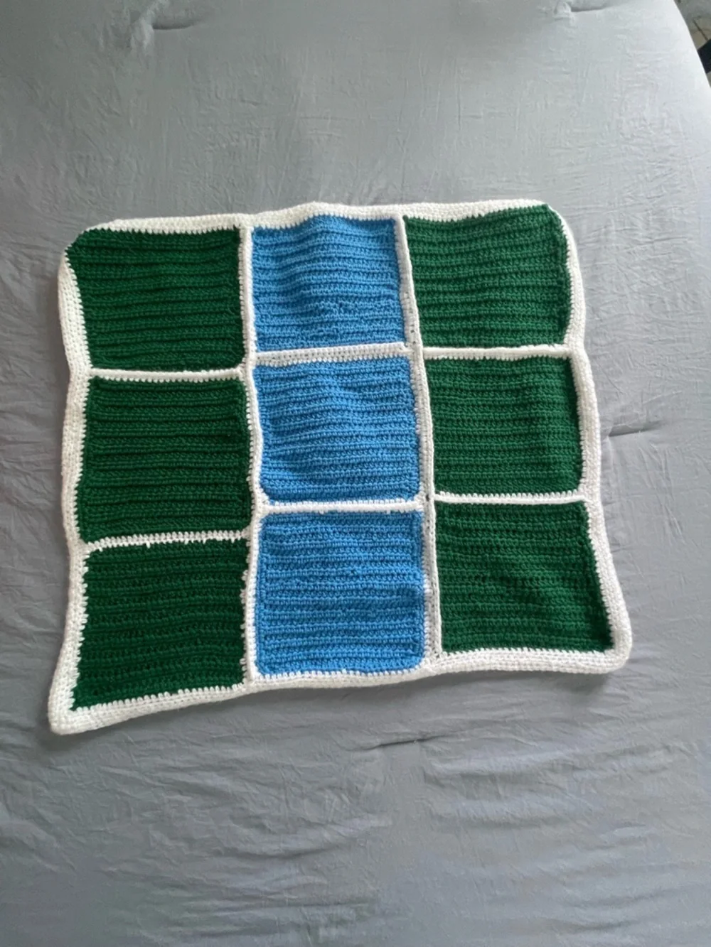 Handmade Crochet Blanket Square -‎ Green & Blue with White Trim