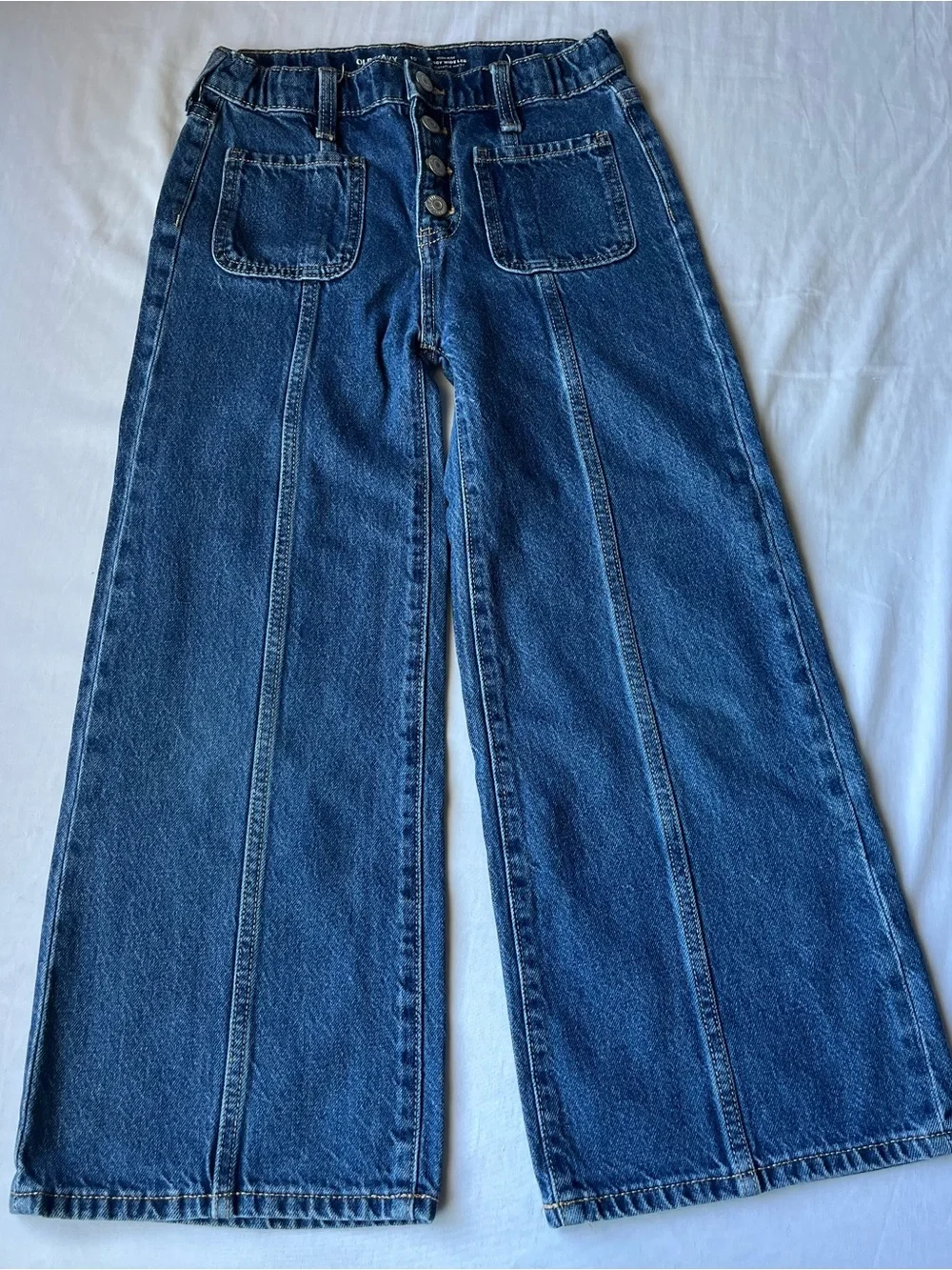 Girl's High-Rise Dark Blue Baggy Wide Leg Jeans with Front And Back Patch Pocket