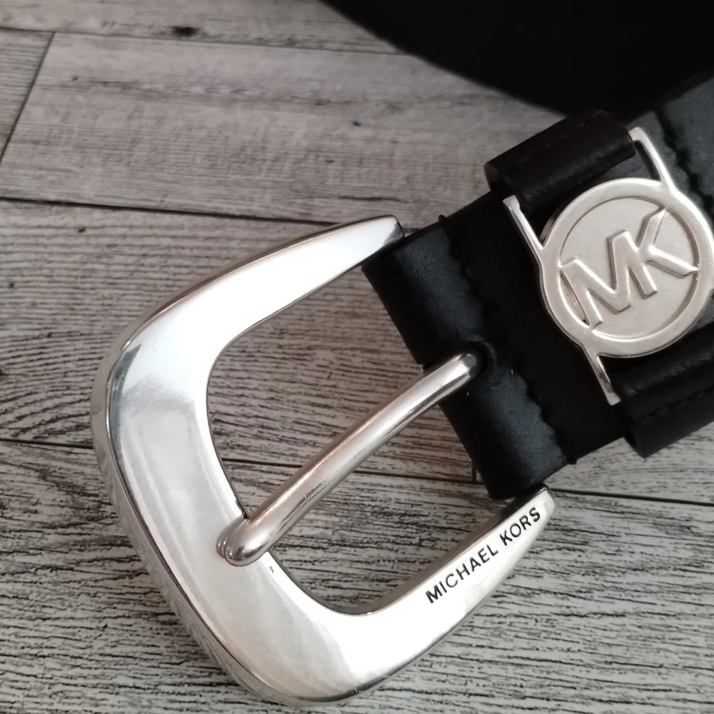 Michael Kors Black Leather Belt with Silver Buckle And Monogram