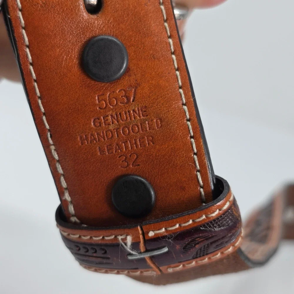 3D Belt Co Brown Handtooled Genuine Leather Western Cross Concho Belt Size 32