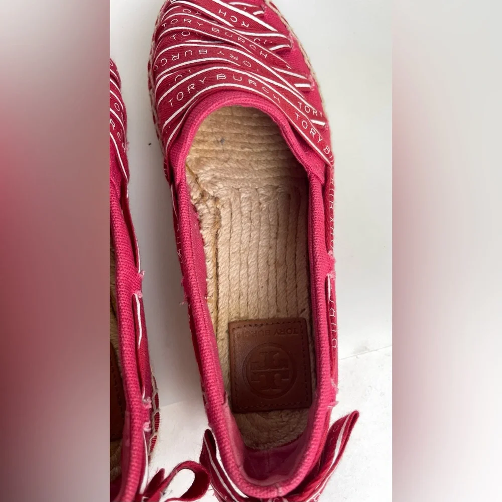 Tory Burch Grosgrains Crisscross Logo Ribbon Espadrilles Flats Red Size 5.5