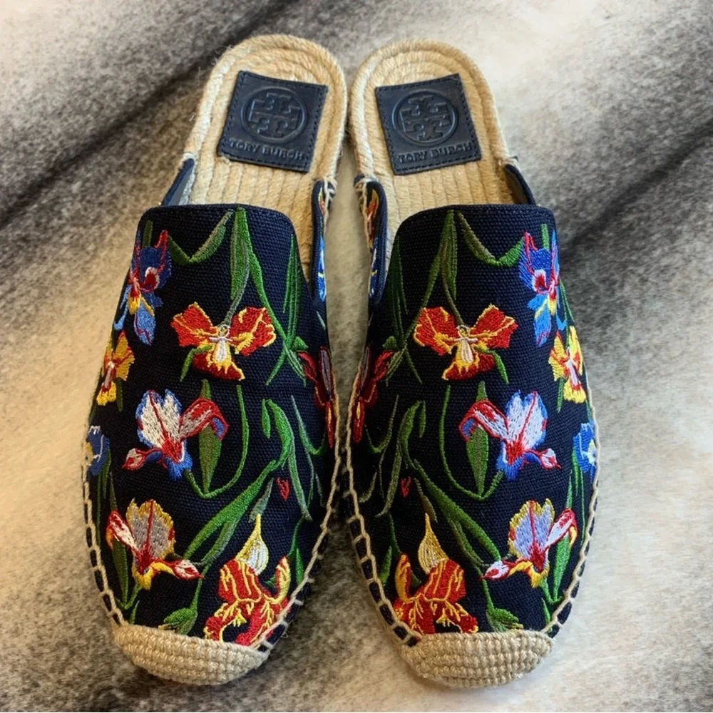 Tory Burch Max Espadrilles Slide Printed Iris Floral Slip On Mule Flats
