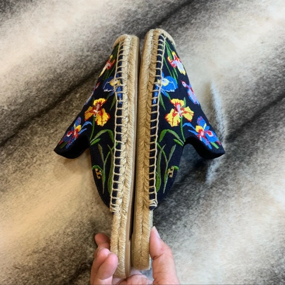 Tory Burch Max Espadrilles Slide Printed Iris Floral Slip On Mule Flats