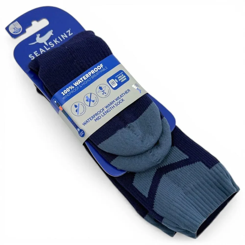 NEW Sealkskinz Unisex Waterproof Warm Weather Mid Length Sock Navy XL (13-15)