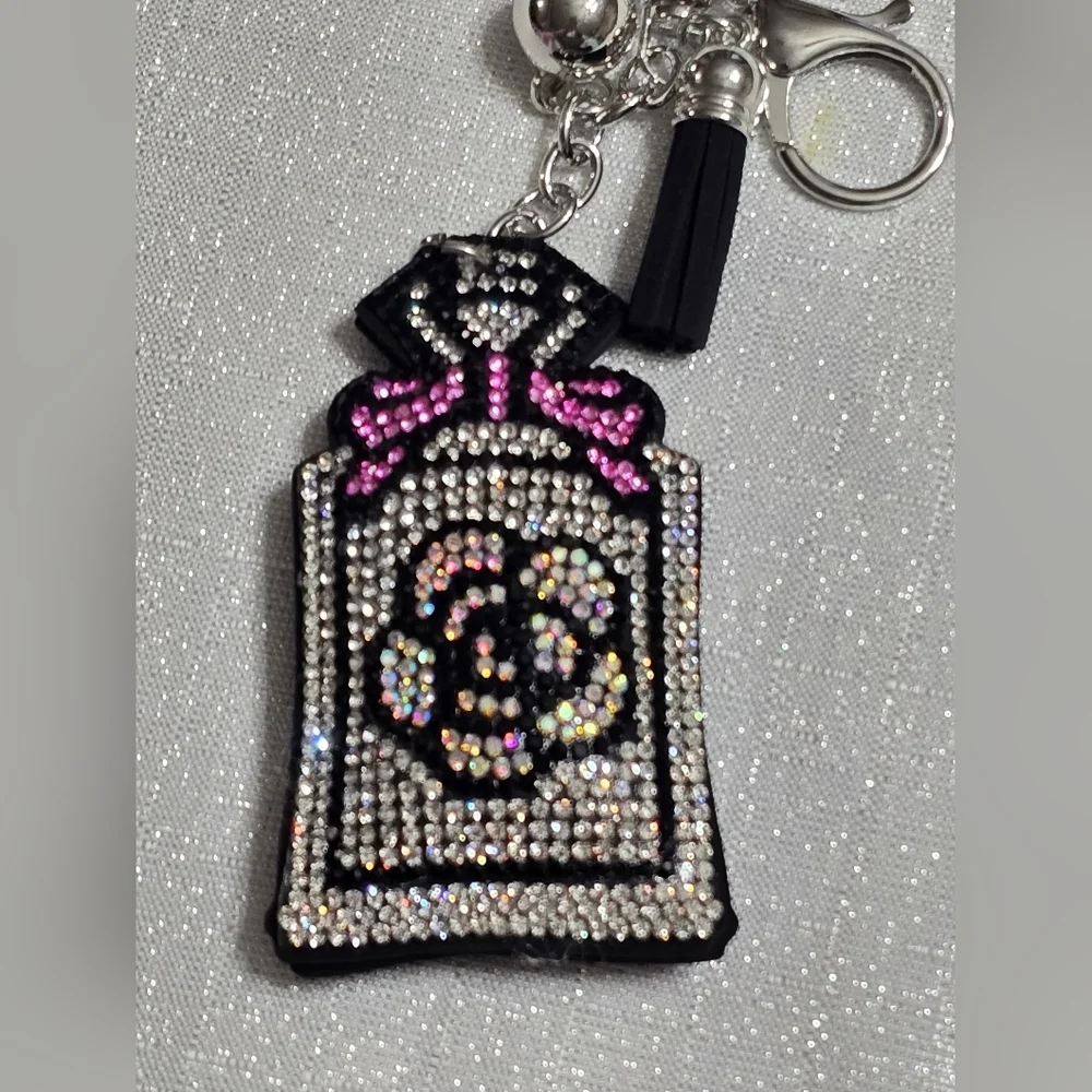 Perfume Bottle With Camellia Black Silver Pink Sparkling  Keychain Or Bag Charm
