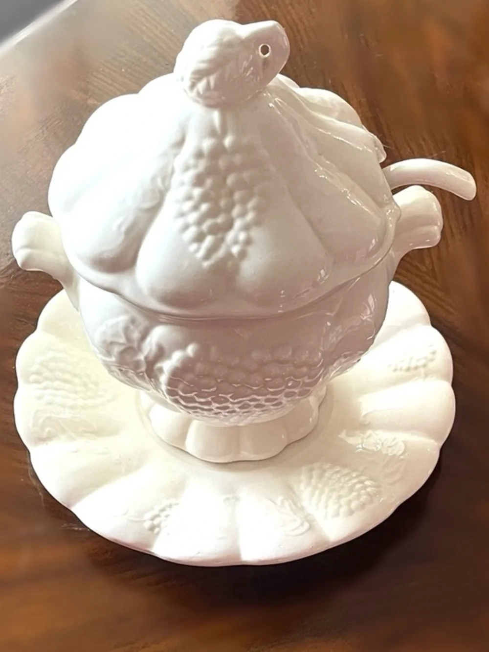 California Pottery White Ceramic Soup Taurine with Matching Under Plate & Ladle!