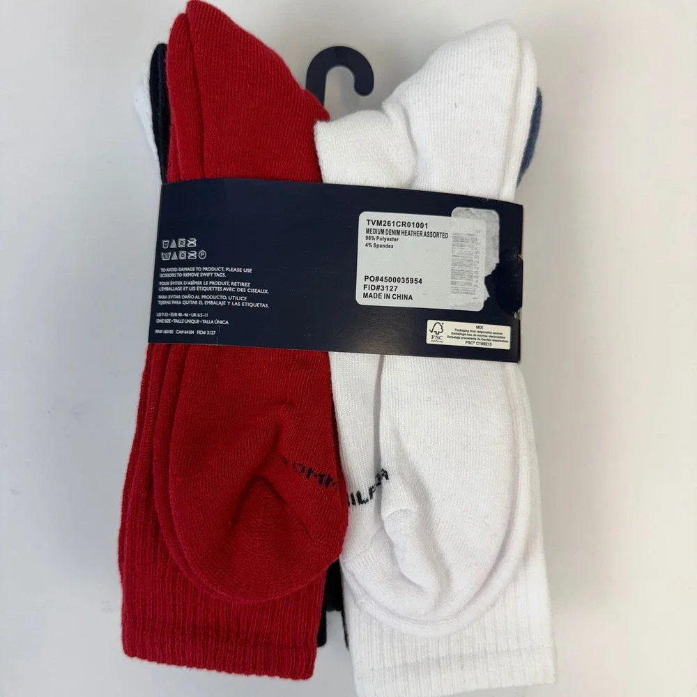 Tommy Hilfiger Mens 5 Pair Cushion Crew Socks Heather Blue White Red Flag NEW