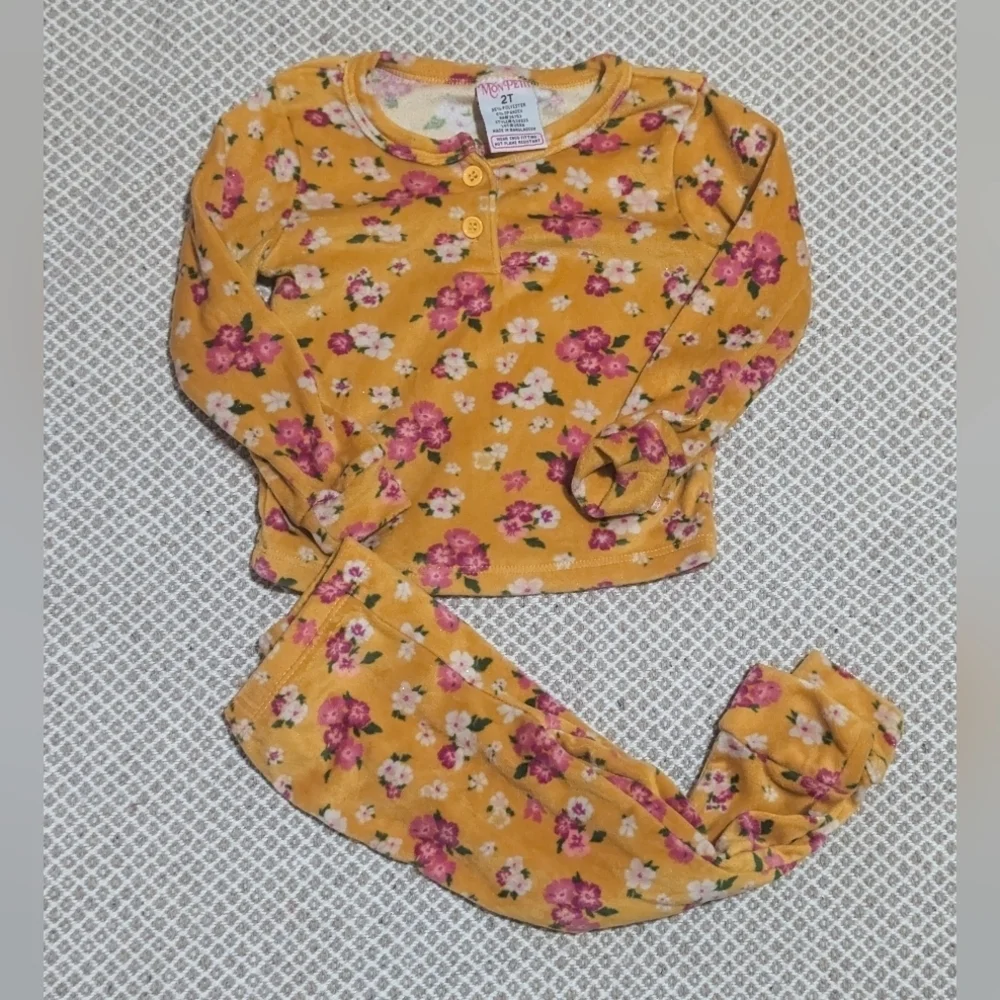 Velvet Bohemian Floral Kids Pajama Set in Yellow and Pink