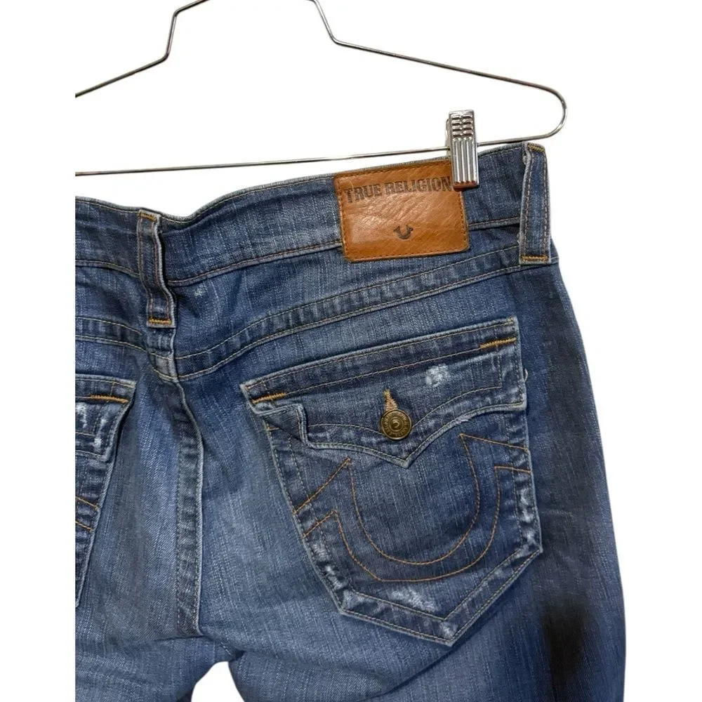 True Religion Geno Distressed Denim Shorts 36 Raw Hem Horseshoe Flap Pockets