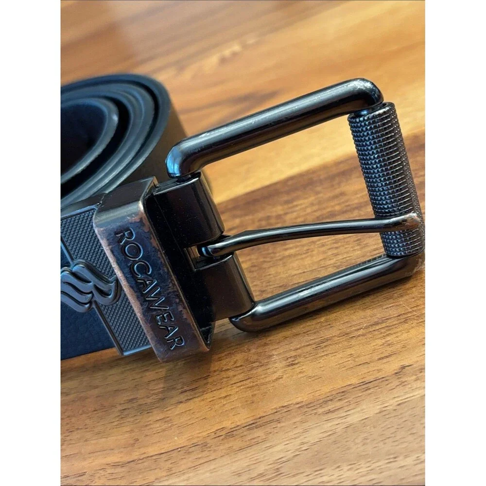 Rocawear Black Silver Hardware Bonded Leather Belt Size 42