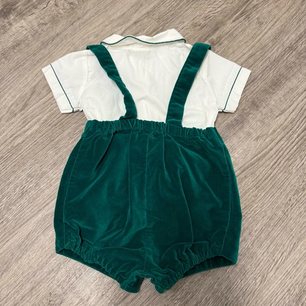 Vintage Christmas Holly & Candy Cane Velvet Suspender Shorts Set‎ 6-9 Months