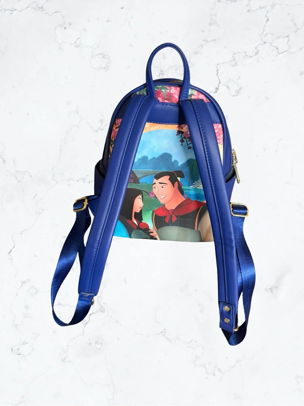 Disney Blue Mulan Temple Mini Backpack with Floral & Fireworks Art Lights Up!!!!