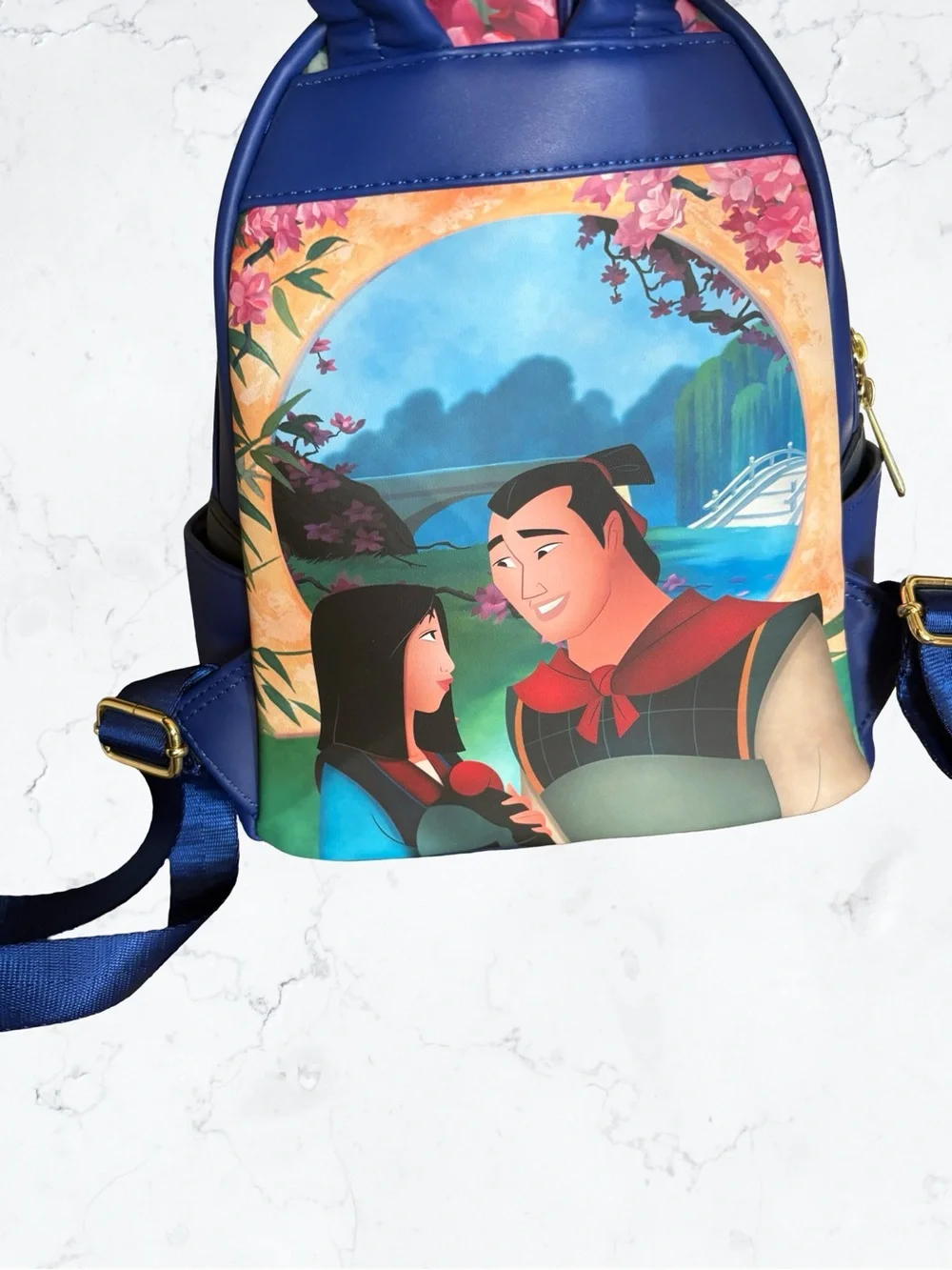 Disney Blue Mulan Temple Mini Backpack with Floral & Fireworks Art Lights Up!!!!
