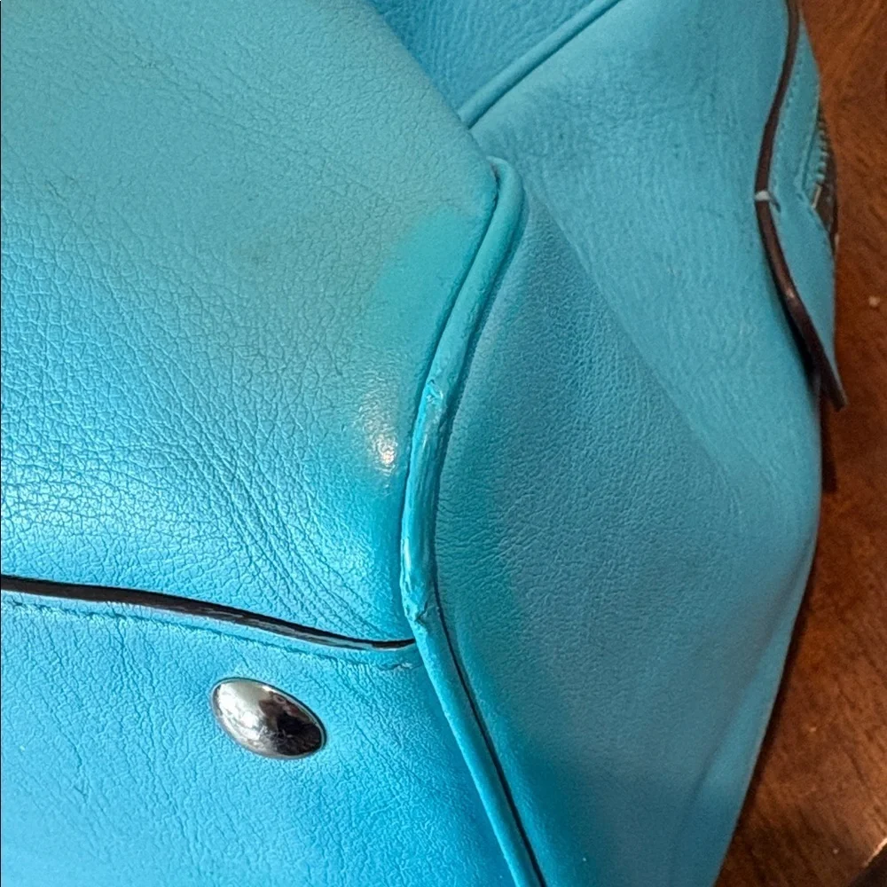 Coach  perforated leather Haley Satchel  turquoise/white tassels & hangtag Exce