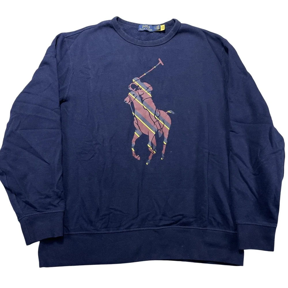 Polo Ralph Lauren Sweatshirt Mens Large Blue Fleece Big Pony Graphic Horse