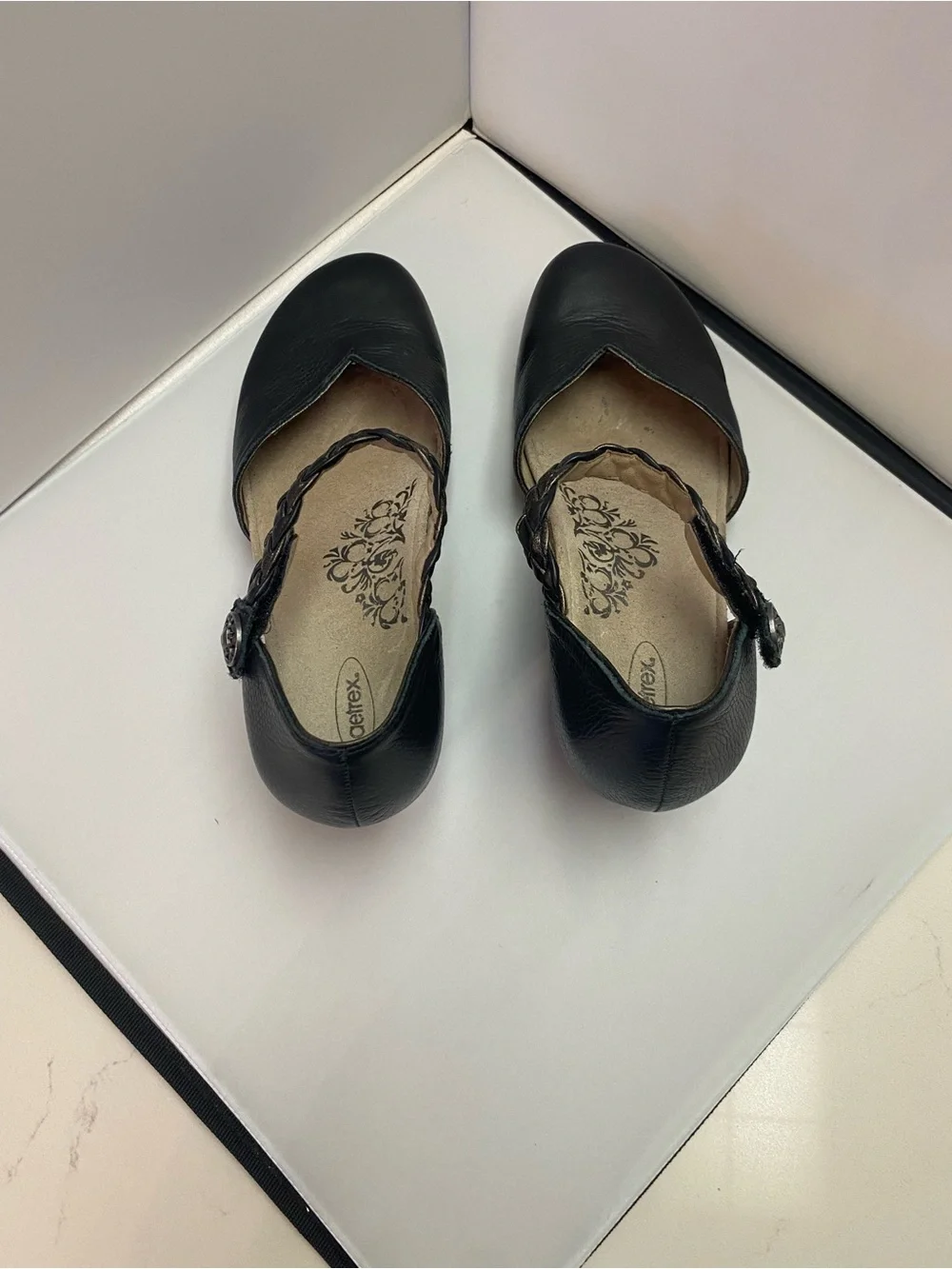 Aetrex Black Leather Braided-Ankle Women's Mule/wedge. Velcro closure Size 10