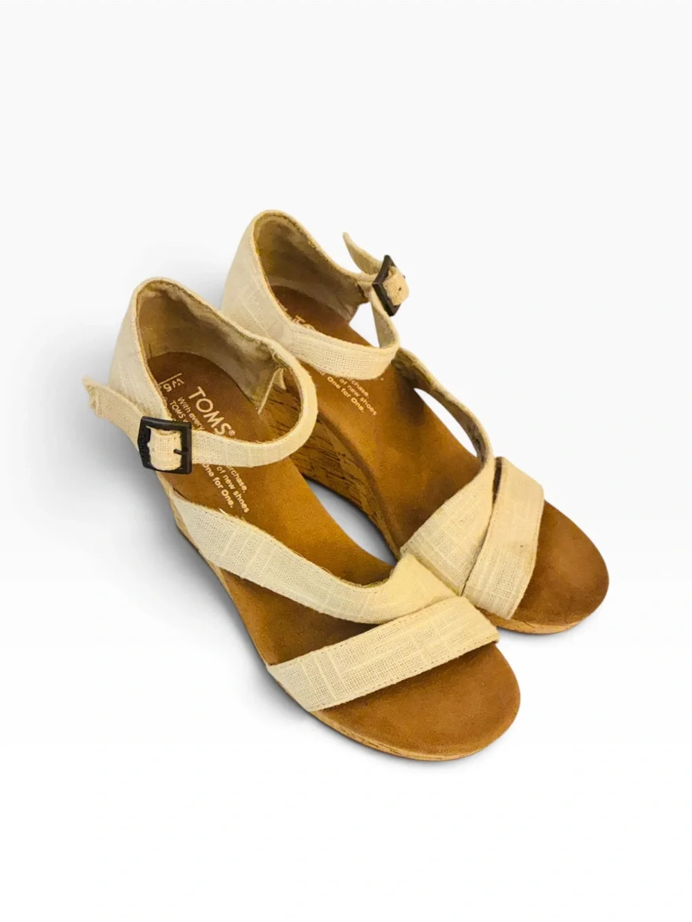 Toms Cream Linen Wedge Sandals with Cork Platform