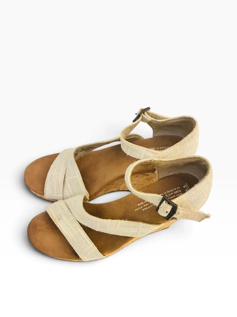 Toms Cream Linen Wedge Sandals with Cork Platform