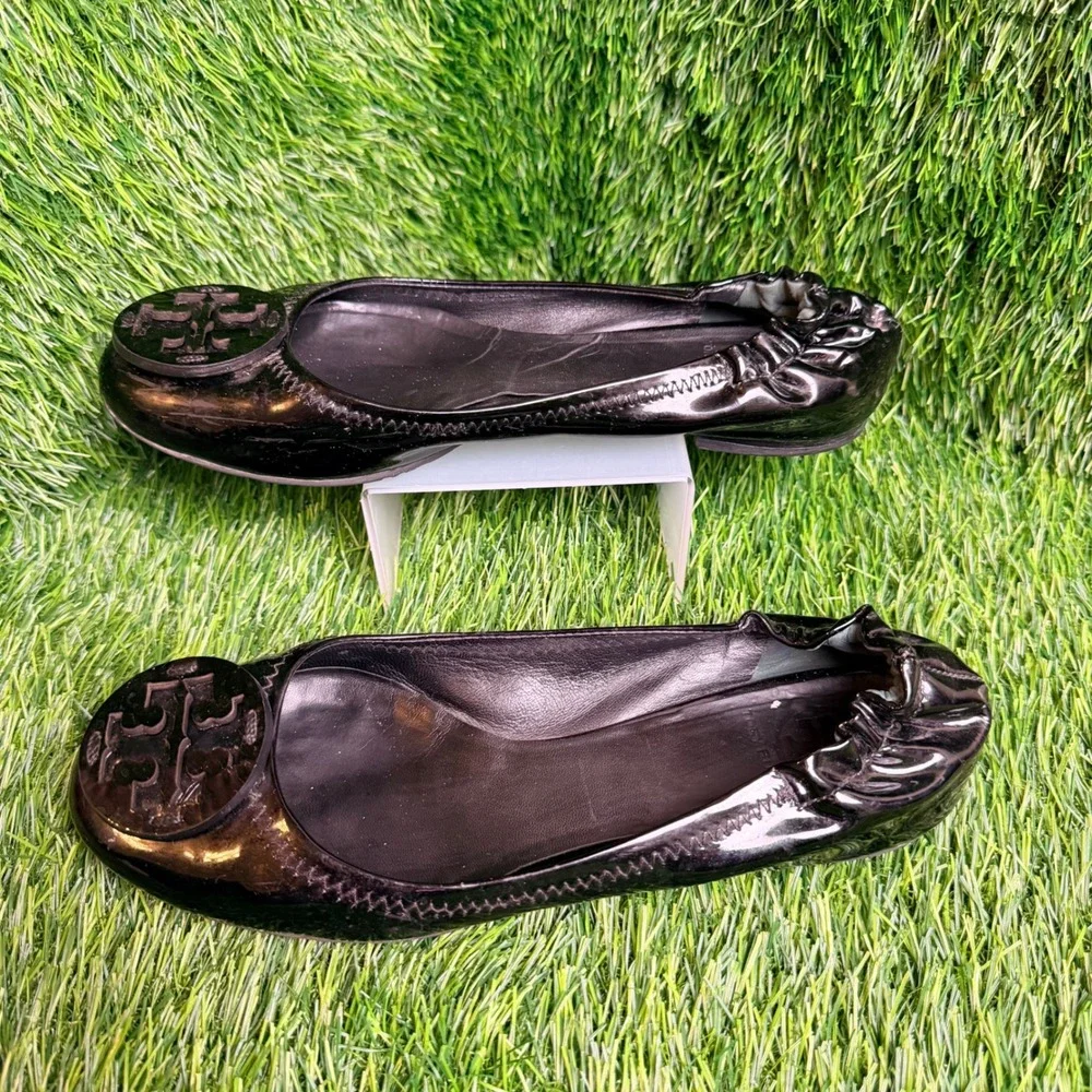 Tory‎ Burch Reva Ballet Flats Black Patent Leather Logo Medallion Elastic S 6.5
