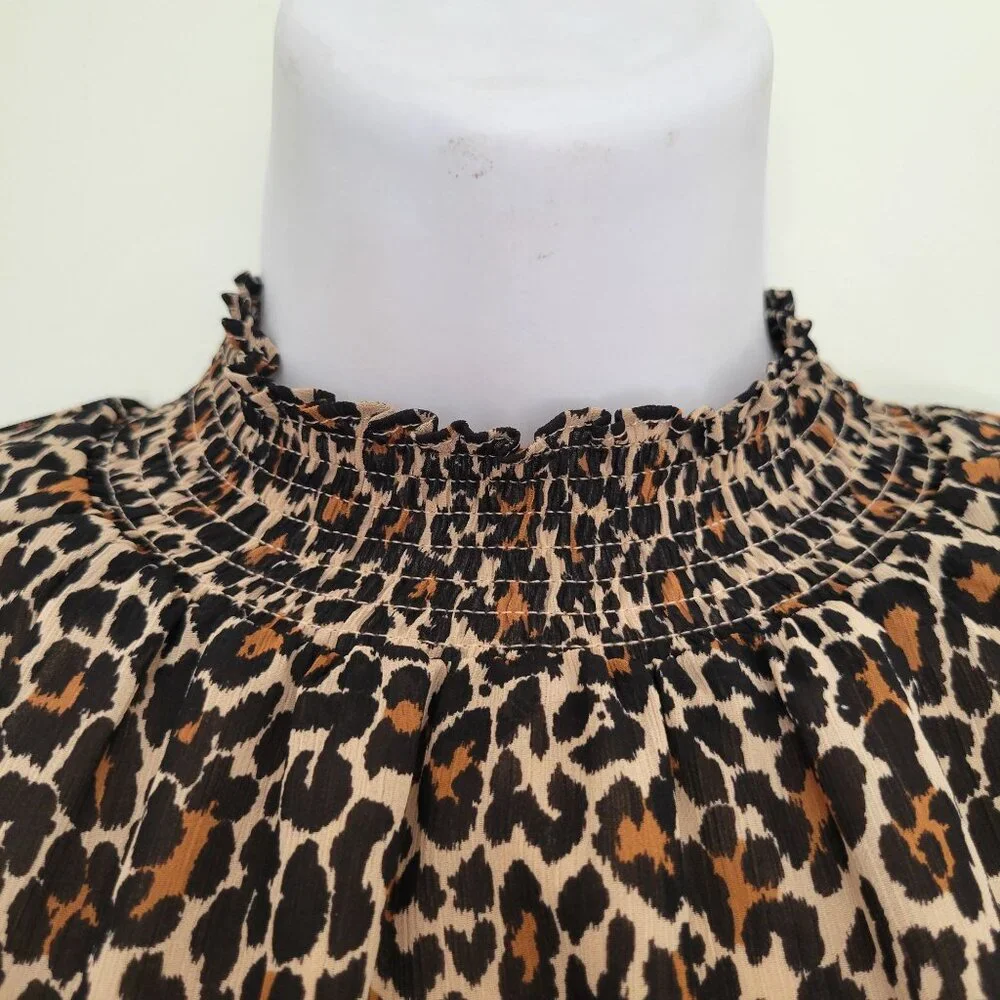 J Crew XS Leopard Print Smocked Long‎ Sleeve Blouse Mock High Neck Modest