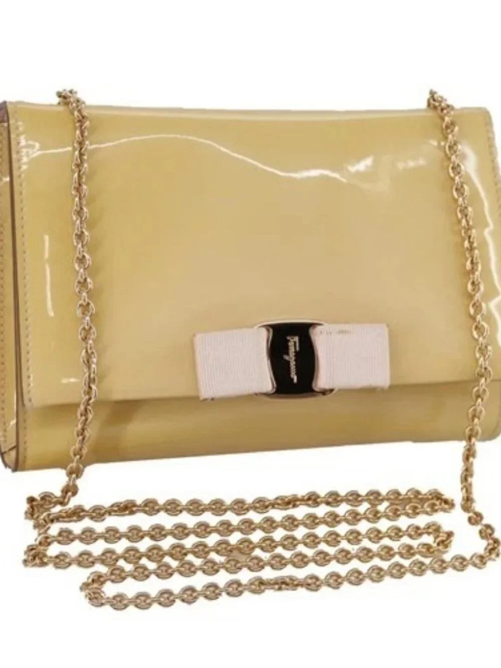 Salvatore Ferragamo Chain Shoulder Bag Enamel Yellow Auth hk1961