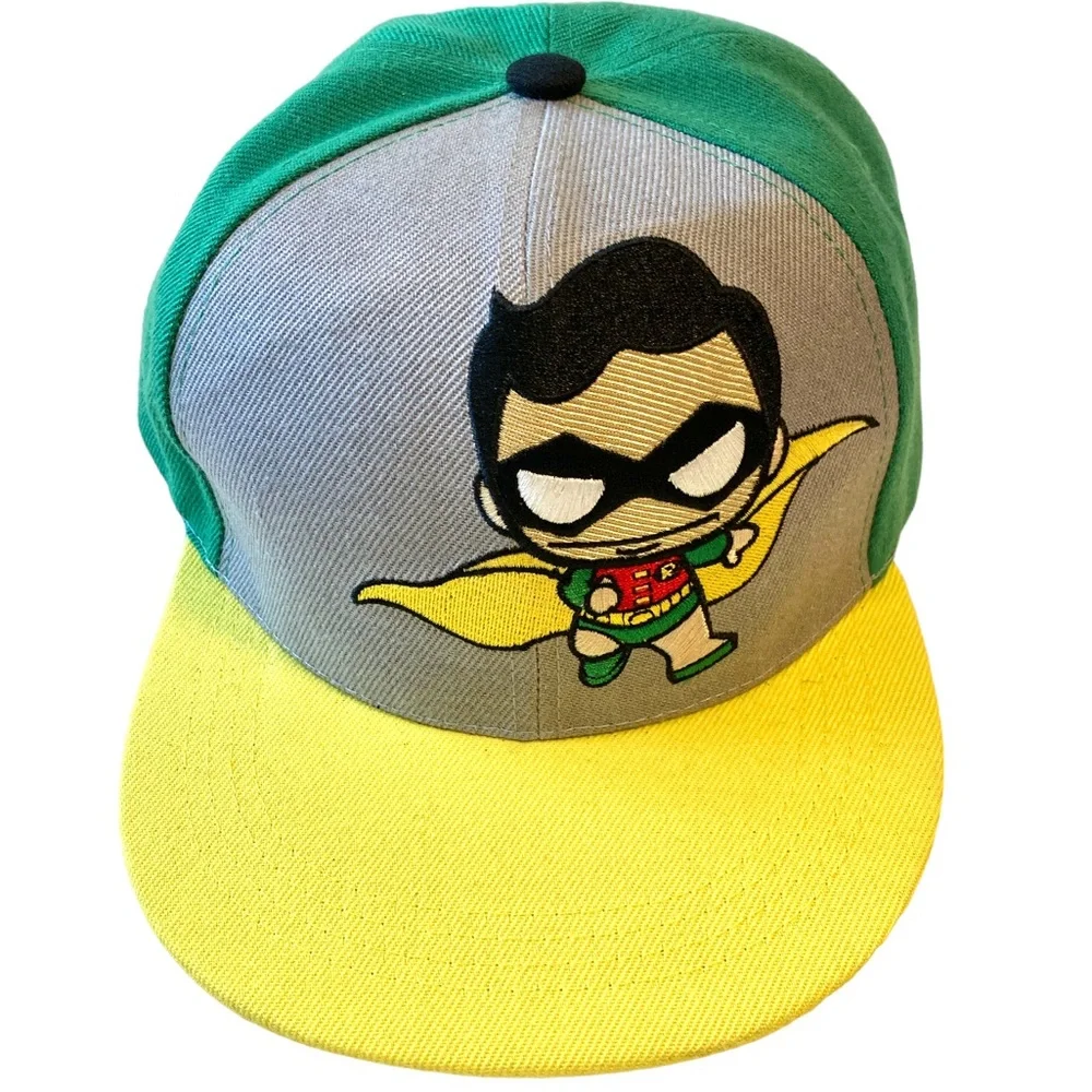 Batman Robin Boy Snapback Hat Six Flags DC Comics baseball cap EUC green yellow