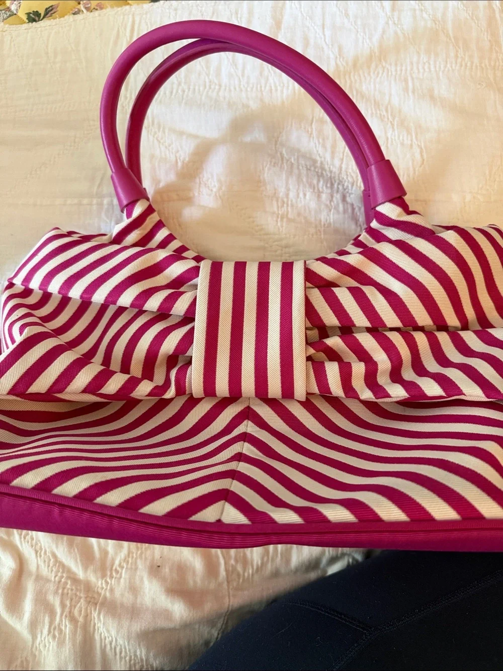 kate spade Hot Pink & Cream Striped Tote with Bow Detail