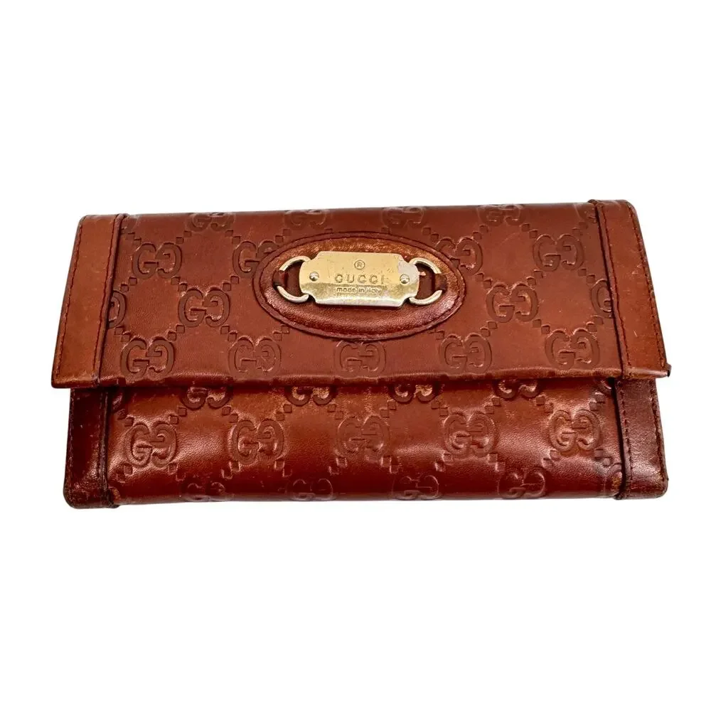 Gucci Guccissima Brown Leather Continental Wallet Gold Logo Plate Vintage