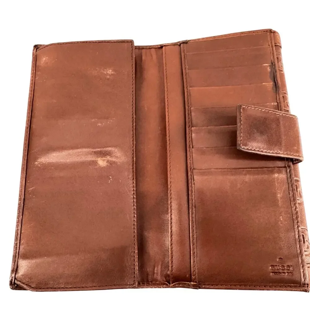 Gucci Guccissima Brown Leather Continental Wallet Gold Logo Plate Vintage