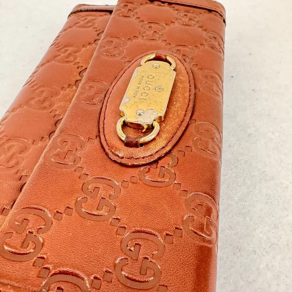 Gucci Guccissima Brown Leather Continental Wallet Gold Logo Plate Vintage