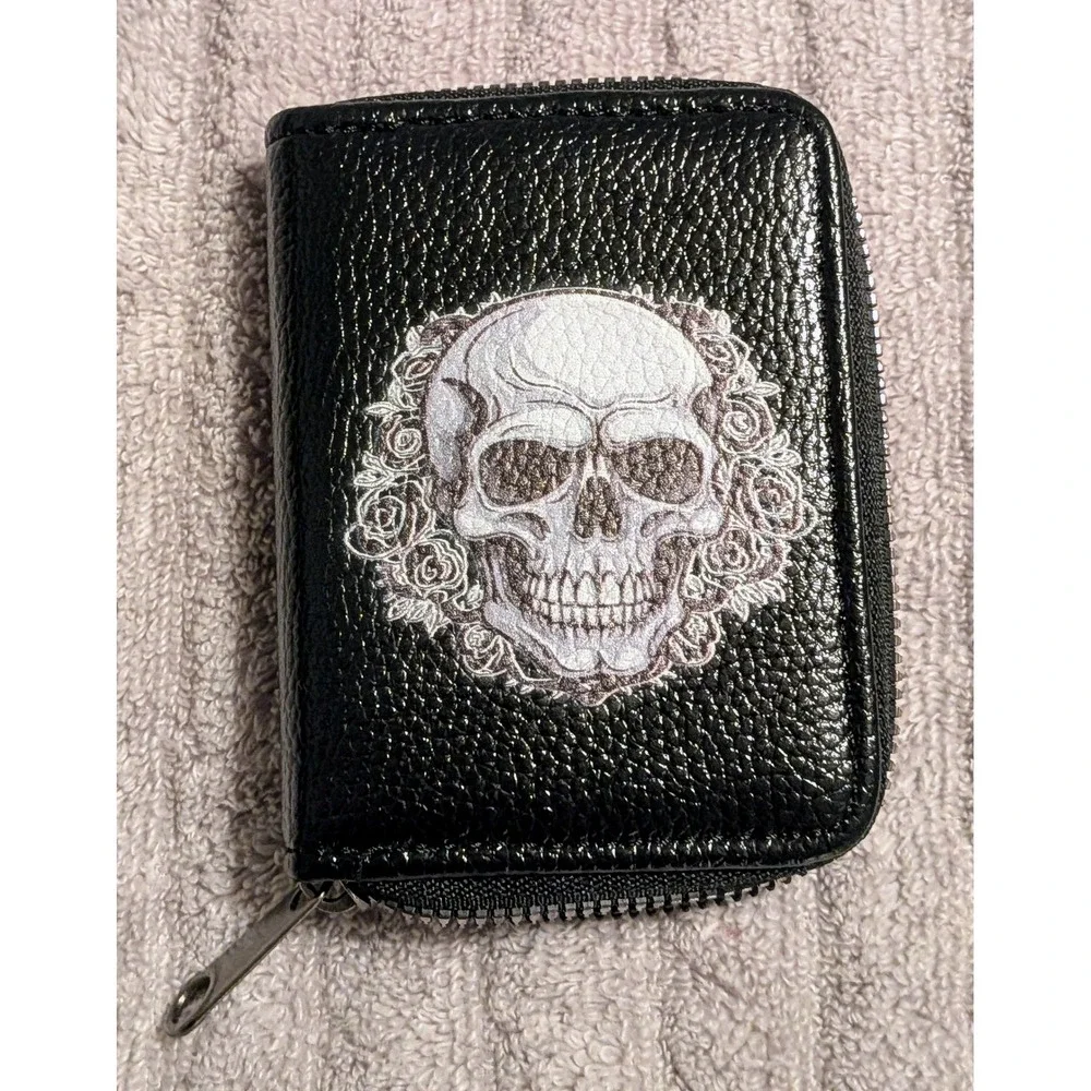 Skull Rose‎ Wallet Credit Card Holder Zip Around Gothic Rock Biker NEW