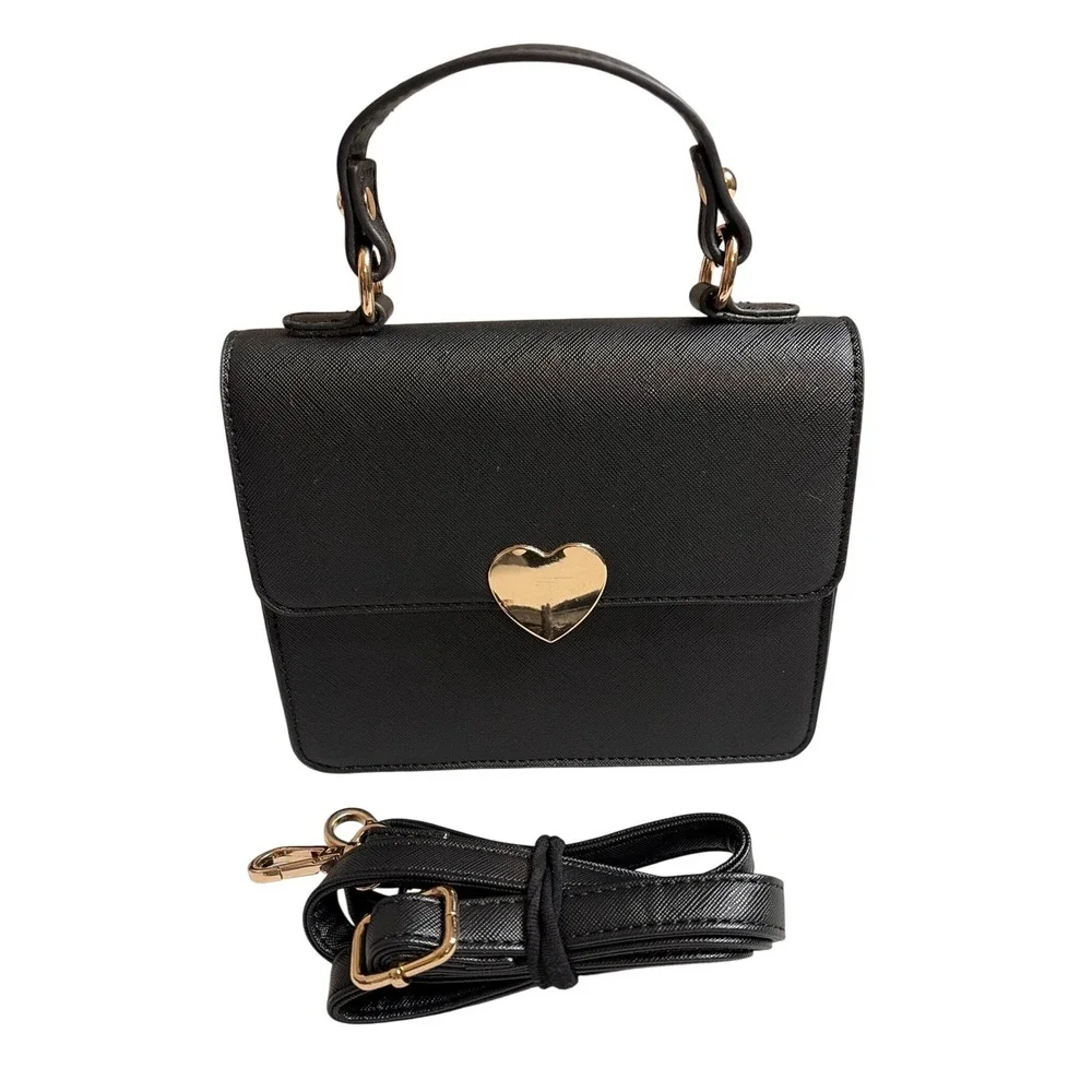 Black Heart Closure Crossbody Top Handle Handbag Women Small Textured Gold Tone