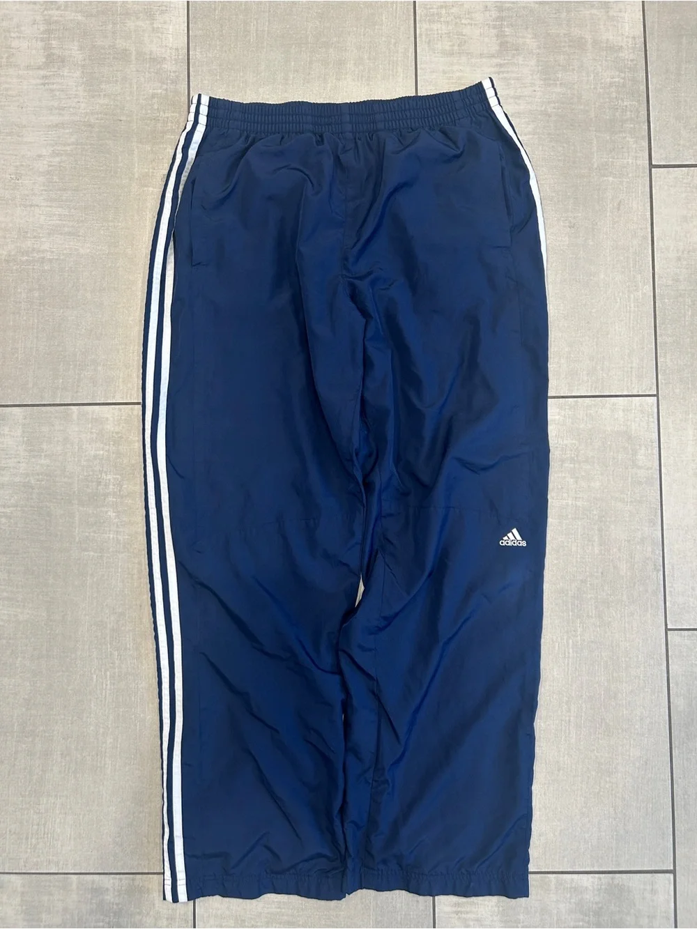 Adidas Navy Blue Three Stripe Windbreaker Track Pants Large
