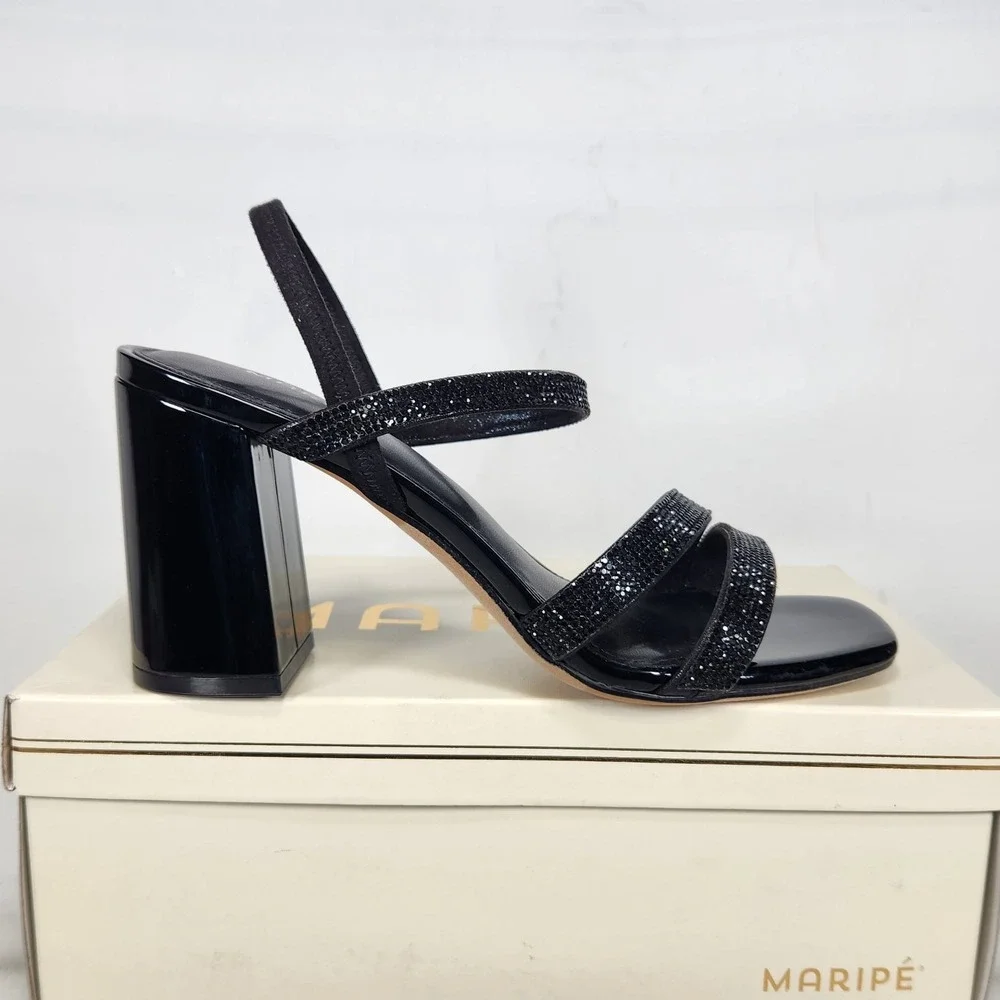 Maripe Lilyana Sandal Women Size 8.5 Black Crystal Embellished Block Heel Square