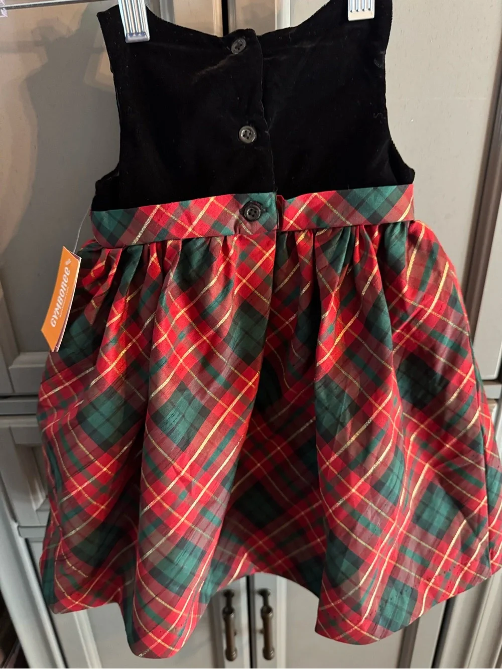 Girls Black Velvet Top Red & Green Plaid Bow Skirt