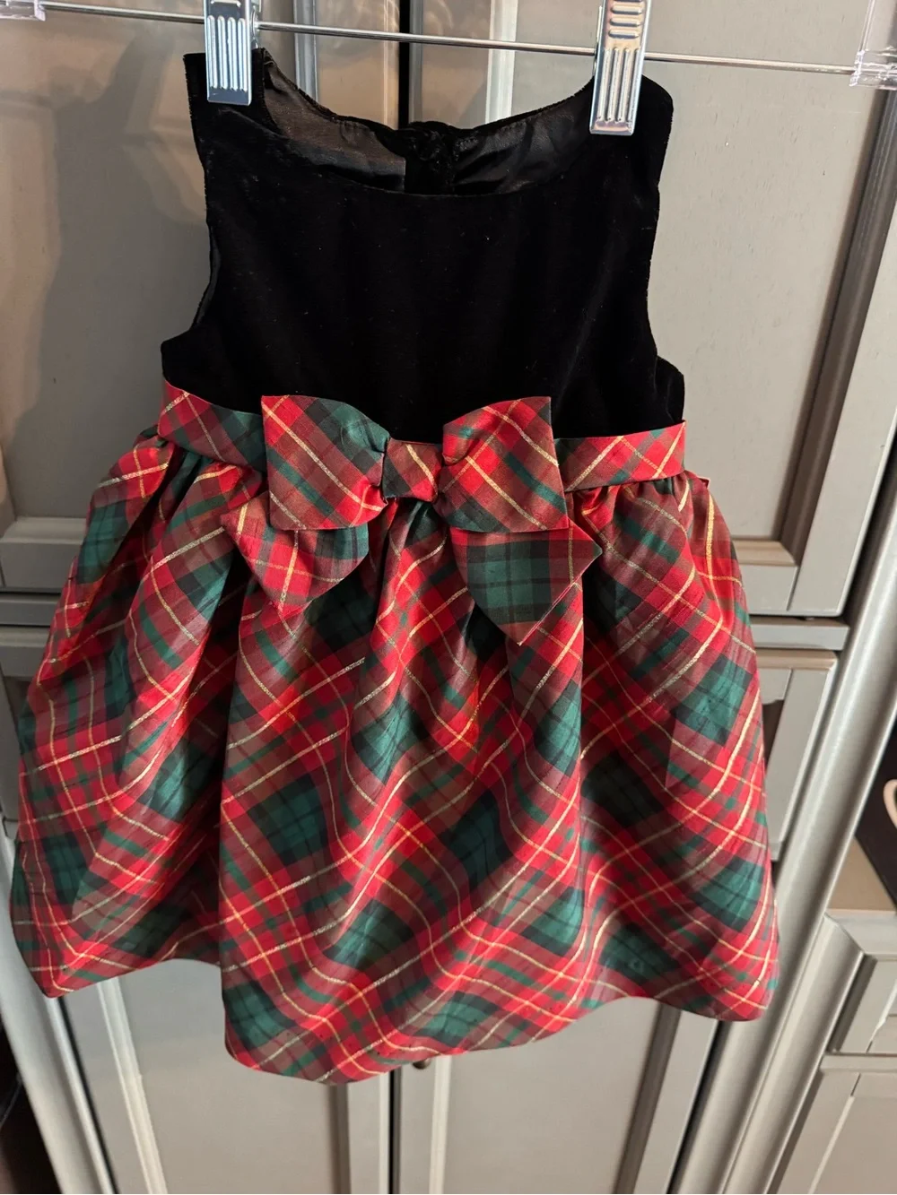 Girls Black Velvet Top Red & Green Plaid Bow Skirt