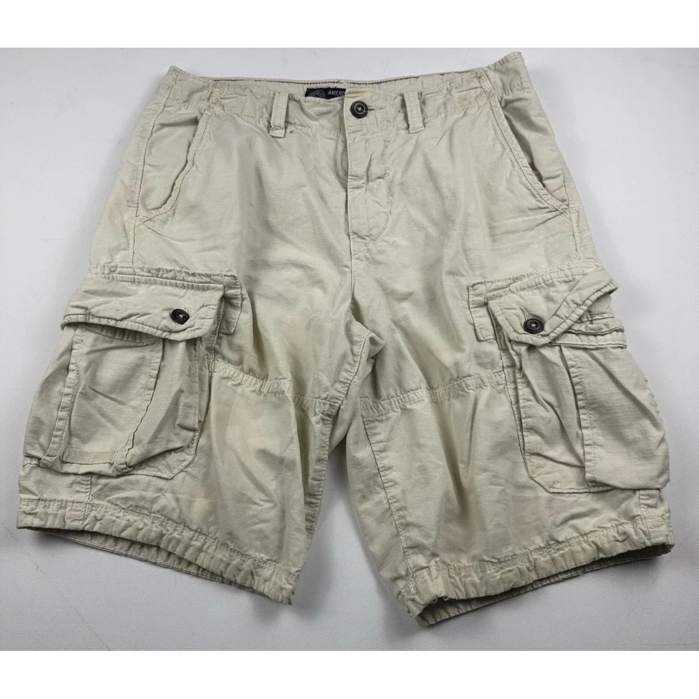 American Eagle Cargo Shorts Men 31 Khaki Ripstop Multi Pocket Cotton Outdoor