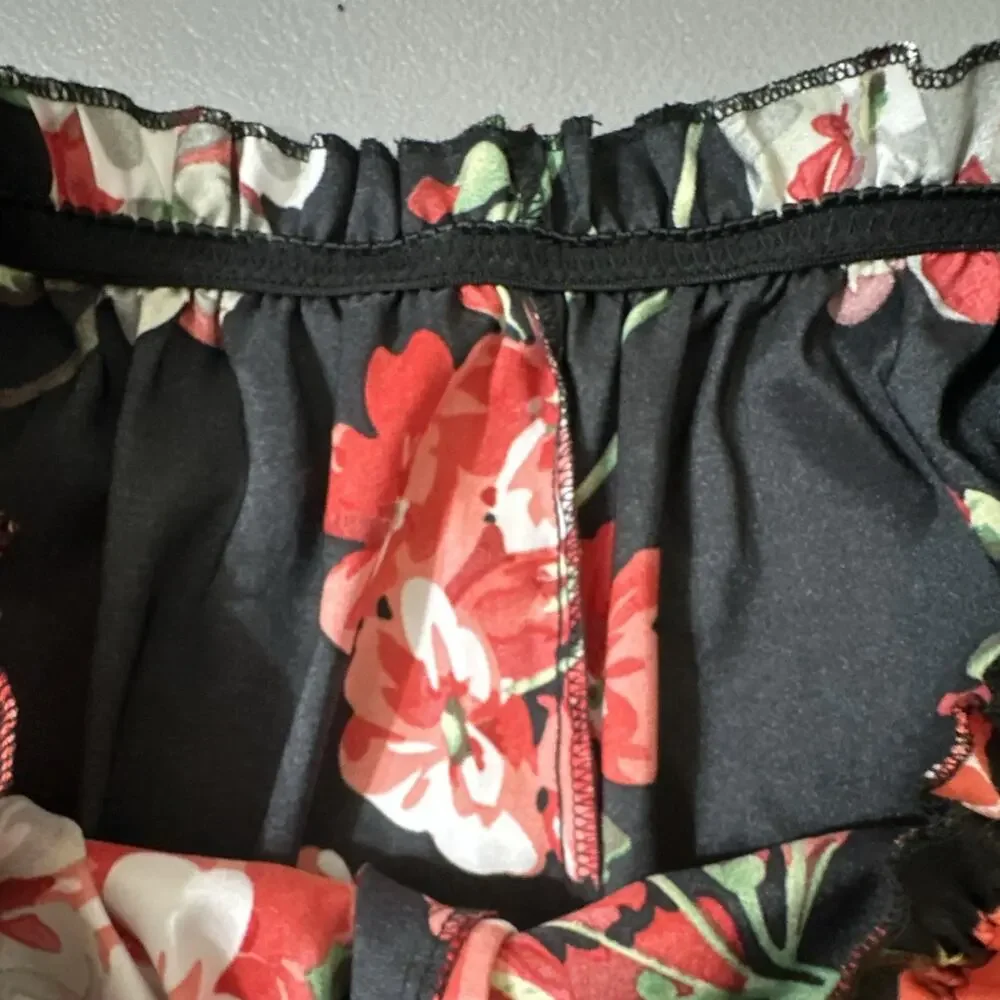 Women’s Floral Sleep Shorts Black Red White Green 1XL Elastic Waist silky-feel