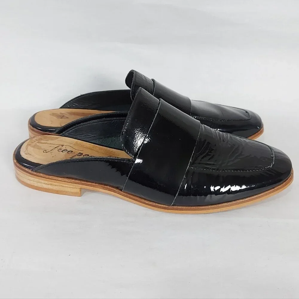Free People At Ease Loafers 37 EU Black Patent Leather Glossy Mule Comfy Slip-On