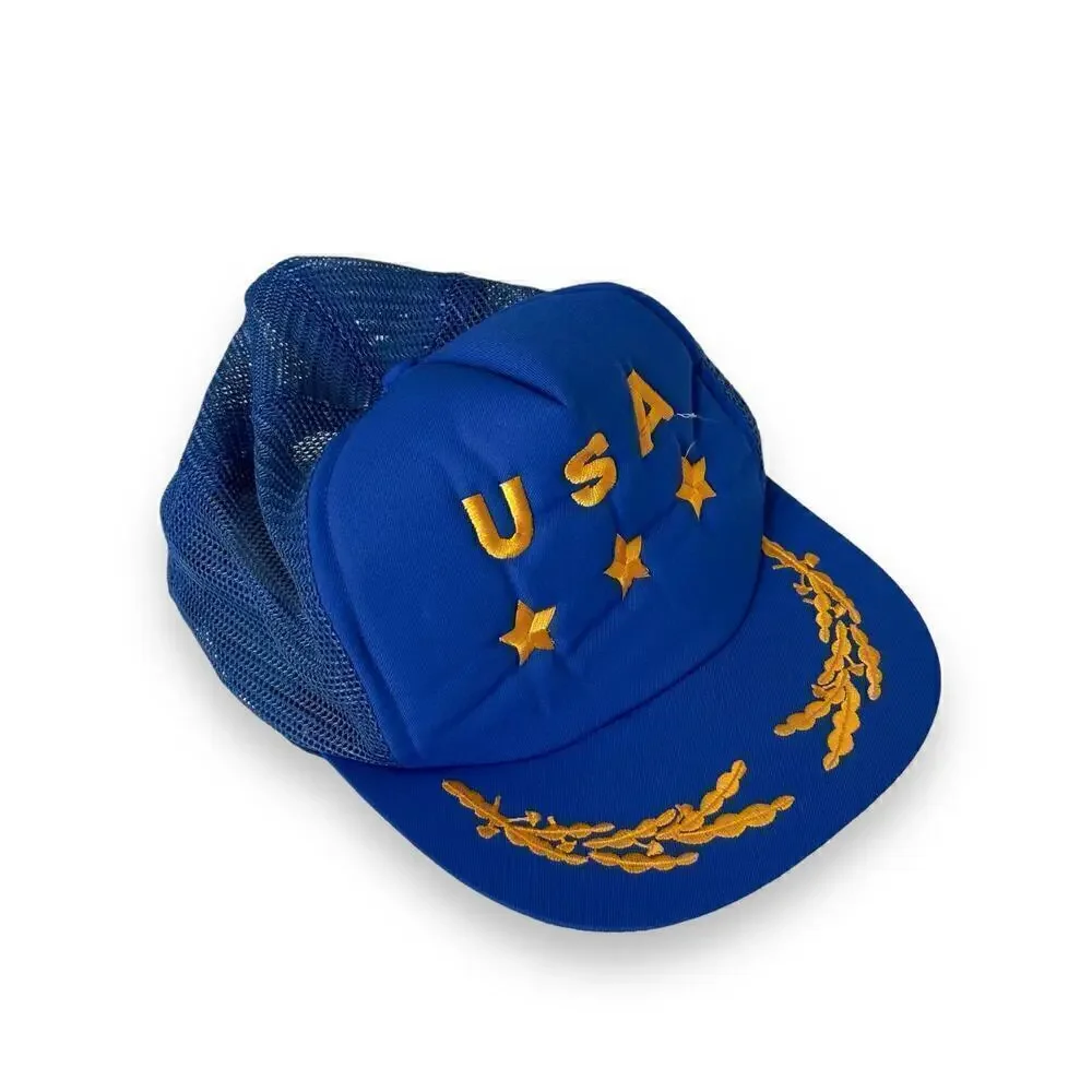 Vintage Stars USA Gold Foam Back Mesh Hat Cap Snapback Trucker Navy Blue 1980s