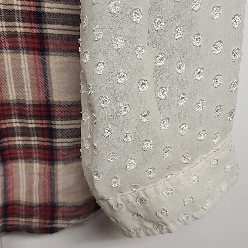 Free People Lace & Plaid Red & Cream Lightweight 100% Cotton Sz L Top Comfy Cozy
