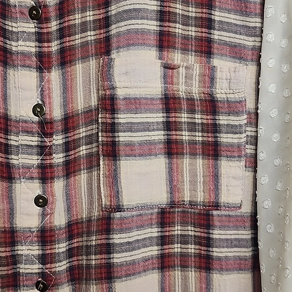Free People Lace & Plaid Red & Cream Lightweight 100% Cotton Sz L Top Comfy Cozy